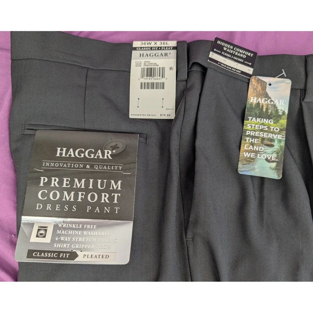 Haggar Premium Comfort Dress Pants Mens 36X36 Charcoal Grey Pleated Classic Fit